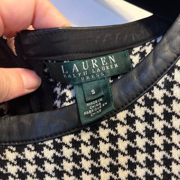 Lauren Ralph Lauren Houndstooth Sheath Dress Small Faux Leather Trim Black White - Picture 3 of 10